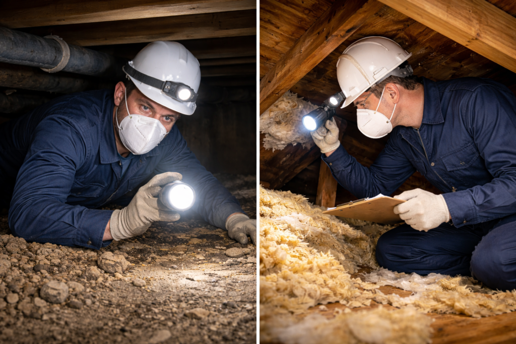 ネズミ駆除業者による調査・作業の様子