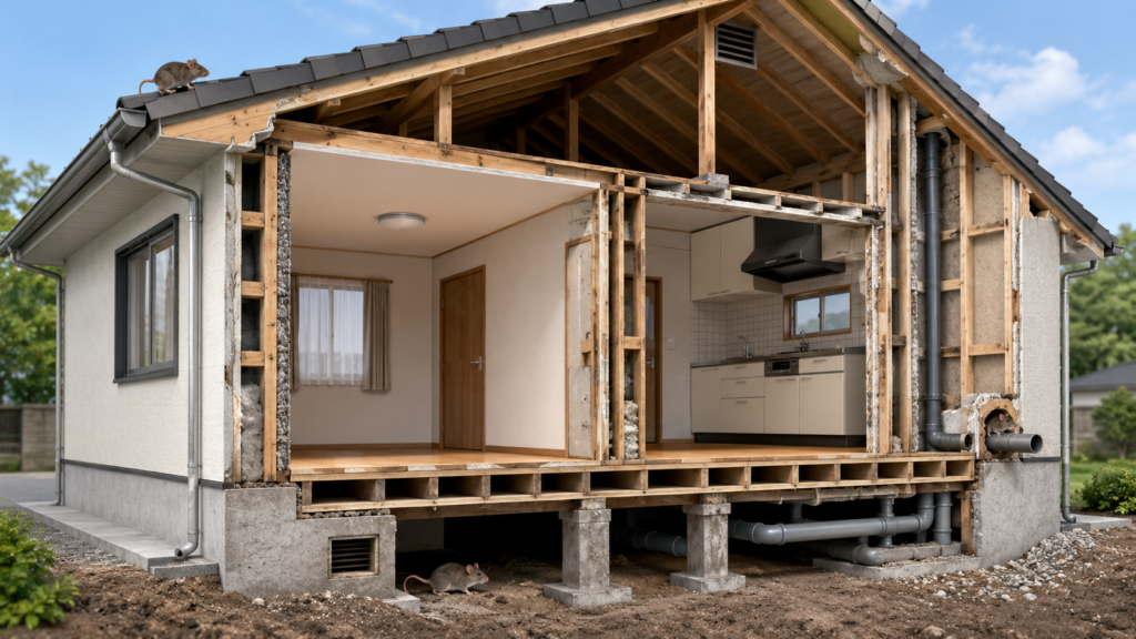 ネズミが屋根裏や床下や配管まわりから侵入する戸建て住宅の断面図
