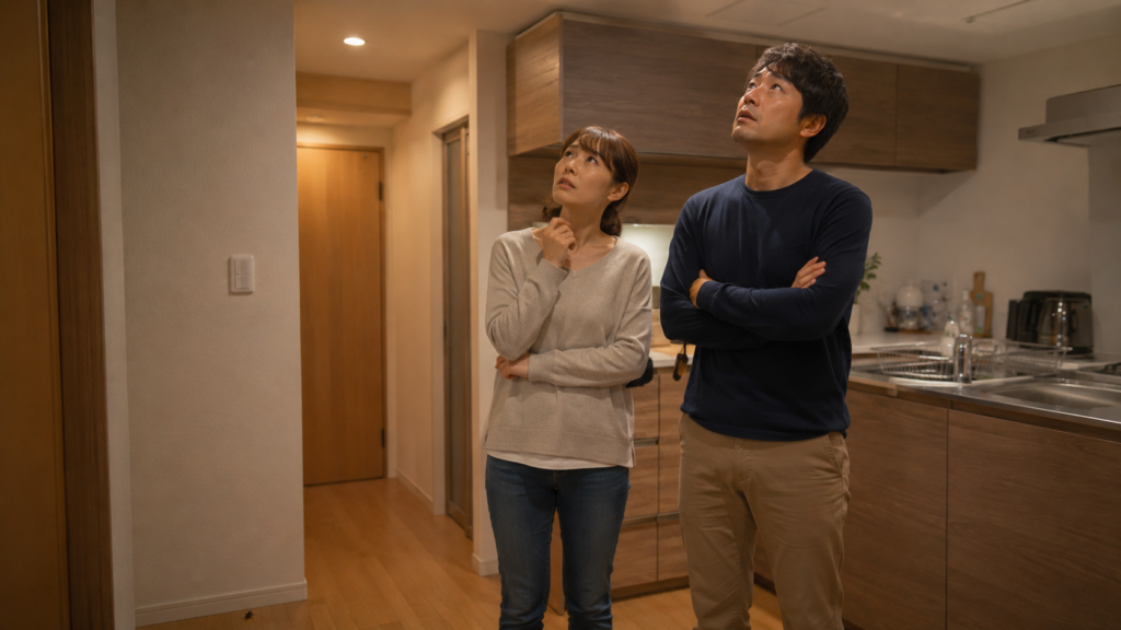 天井裏のネズミの物音に気づき不安そうに確認する日本人夫婦
