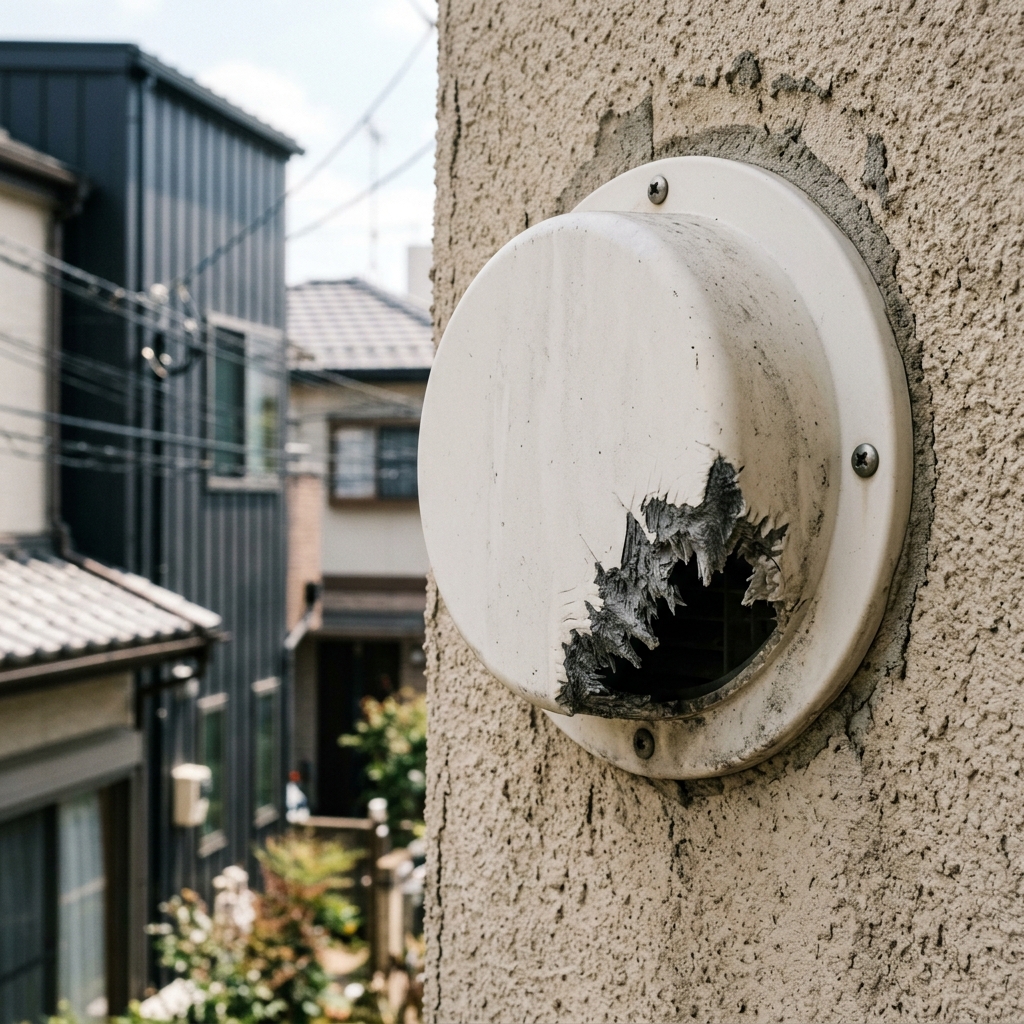通風口のプラスチック枠や木部についたネズミのかじり跡