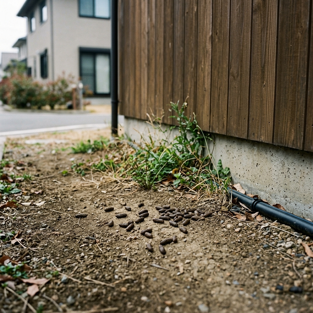 家の基礎や犬走りに落ちているネズミのフンと足跡