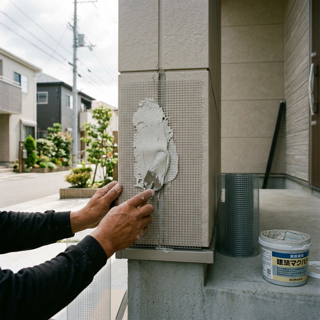 防鼠パテと金網を使って外壁の配管周りの隙間を塞ぐ様子