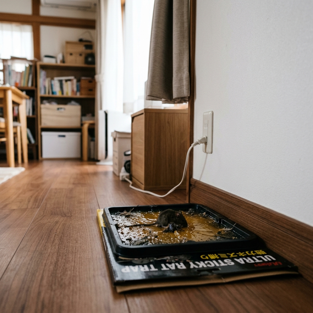 家の中に侵入したネズミを粘着シートで捕獲しているイメージ