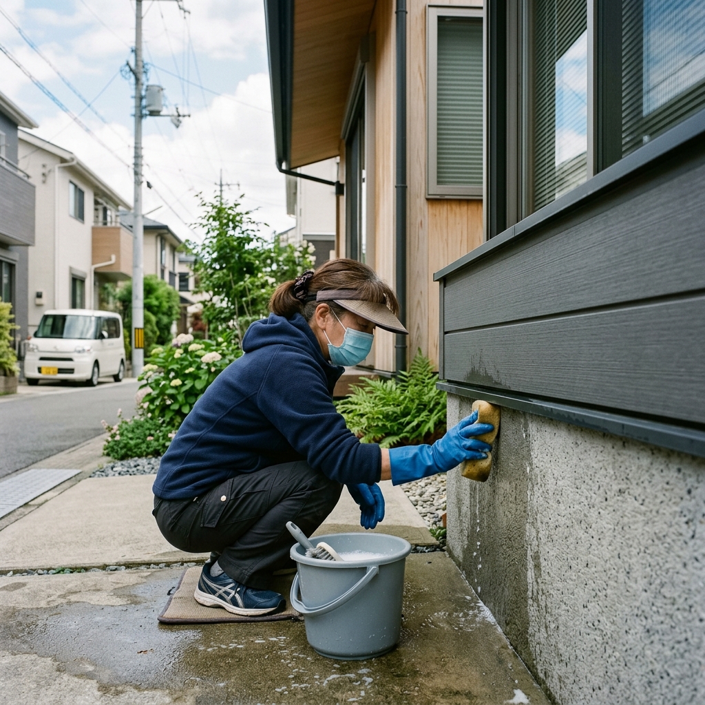 マスクと手袋をして外壁のネズミのフンを掃除・消毒する様子