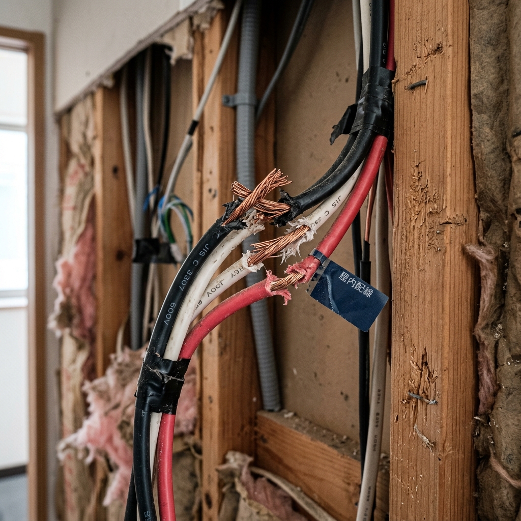 ネズミによって電線がかじられ火災の危険がある様子