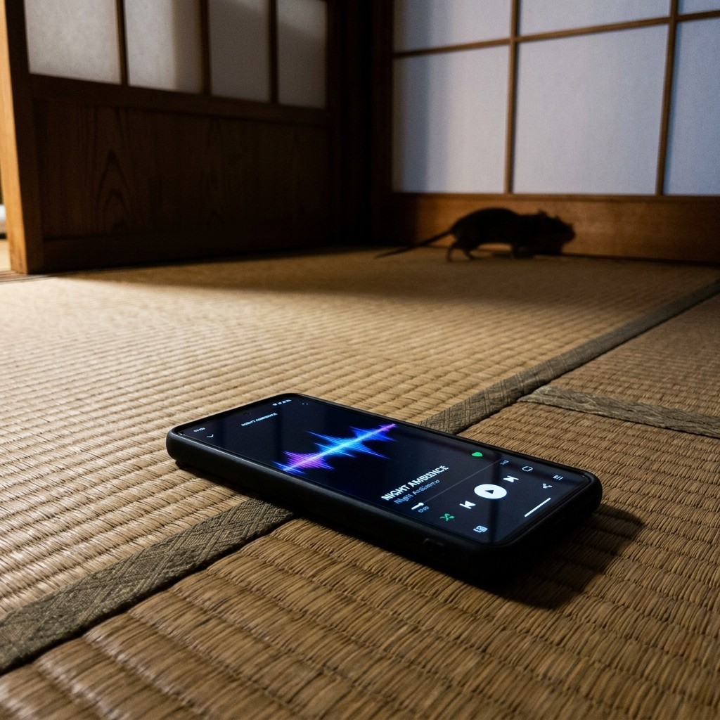 スマートフォンアプリでネズミよけの音を流す様子