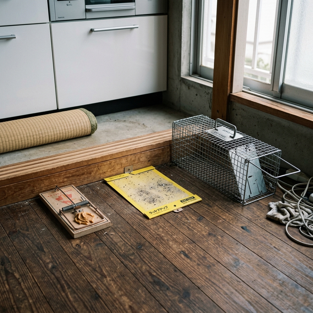 様々な種類のネズミ捕獲器が並んでいる様子