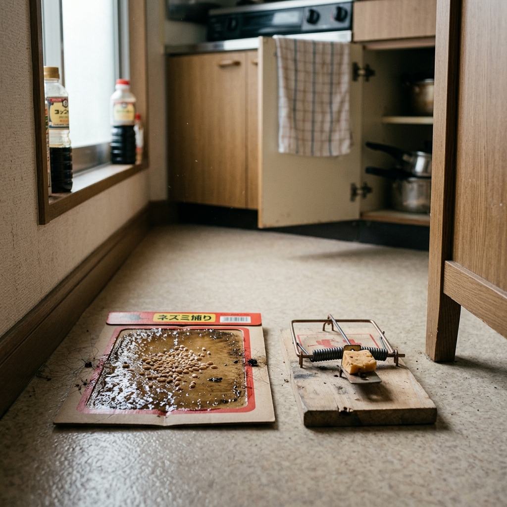 粘着シート式とバネ式捕獲器の比較イメージ