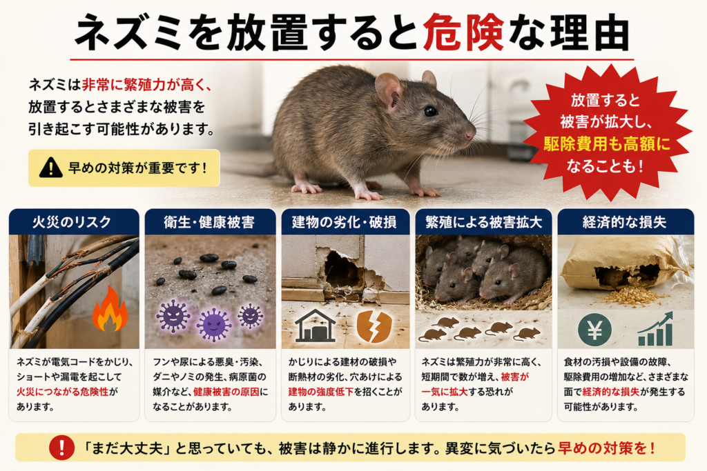 ネズミを放置すると起こる危険を解説するイメージ画像。火災リスク、衛生被害、ダニ・病原菌、建物被害、繁殖による被害拡大などをまとめた汎用的なネズミ被害のビジュアル。