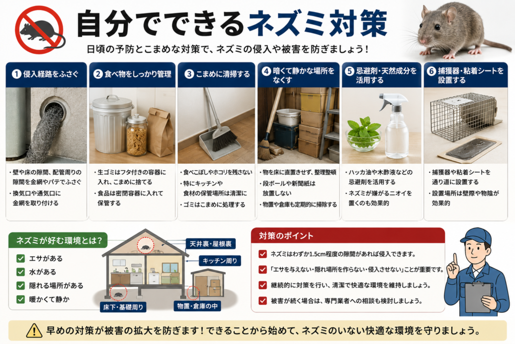 自分でできるネズミ対策を解説するイメージ画像。侵入口封鎖、掃除、食品管理、忌避剤、粘着シートなど家庭で実践できるネズミ予防方法をまとめた汎用的なビジュアル。