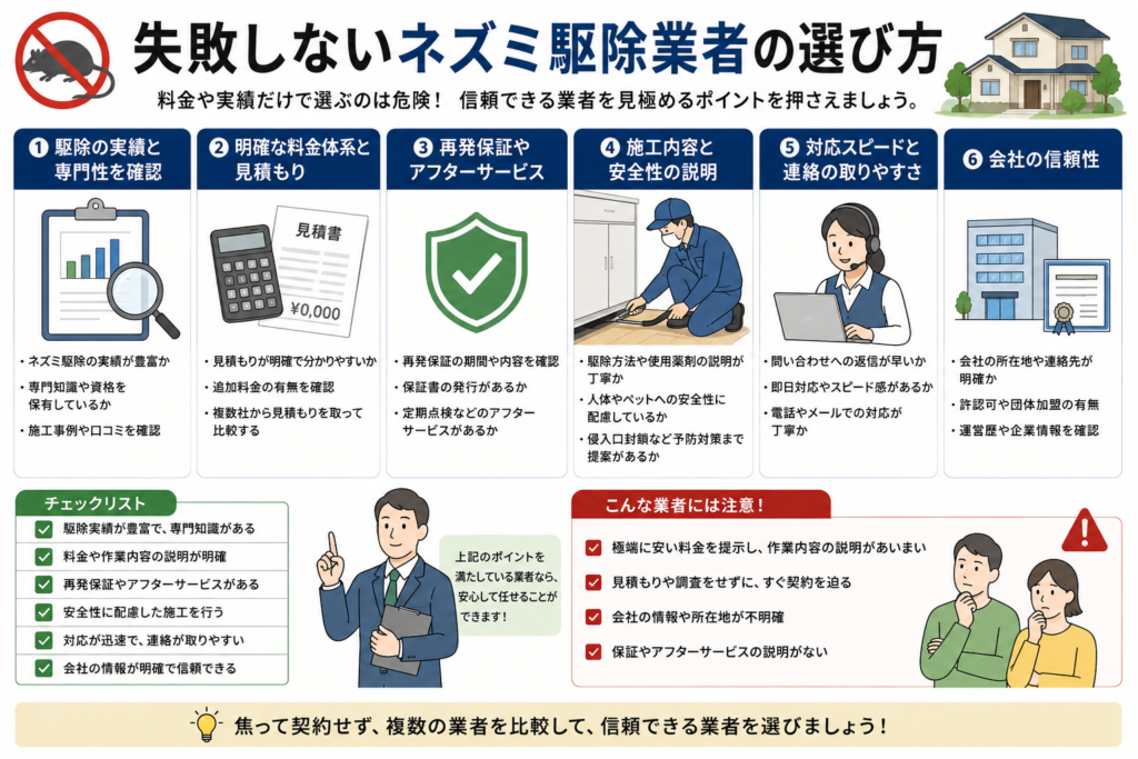 失敗しないネズミ駆除業者の選び方を解説するイメージ画像。料金比較、保証内容、施工品質、対応速度、口コミ確認など業者選びのポイントをまとめた汎用的なビジュアル。