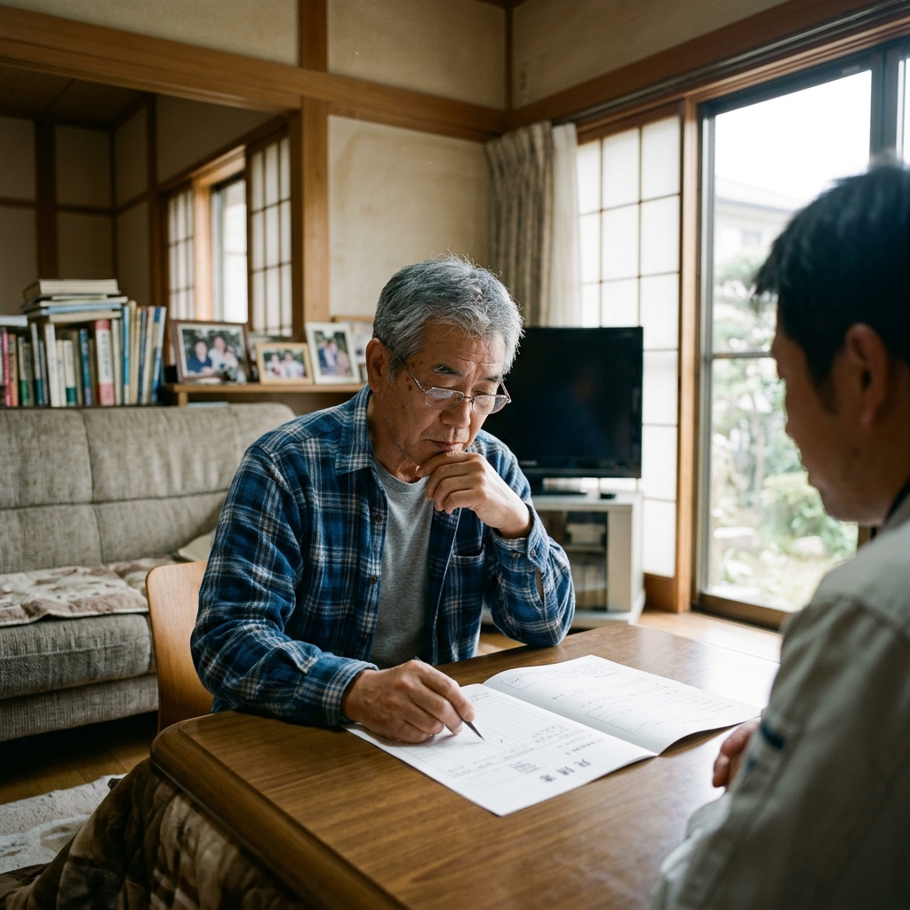 リビングでネズミ駆除の見積書を確認する日本人の様子