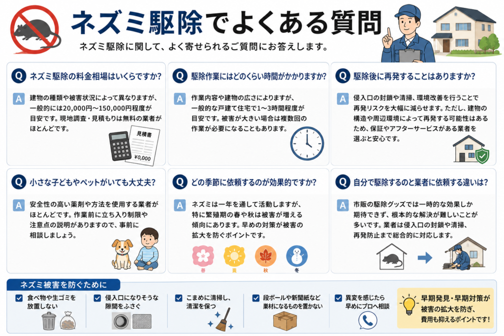 ネズミ駆除でよくある質問をまとめたイメージ画像。料金相場、作業時間、再発防止、ペットや子どもへの安全性など、ネズミ駆除に関する疑問をわかりやすく解説した汎用的なFAQビジュアル。
