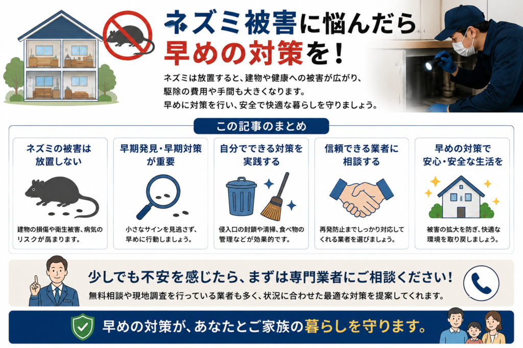 ネズミ被害は早めの対策が重要であることを解説するイメージ画像。住宅被害、衛生リスク、再発防止、専門業者への相談などをまとめた汎用的なまとめ用ビジュアル。