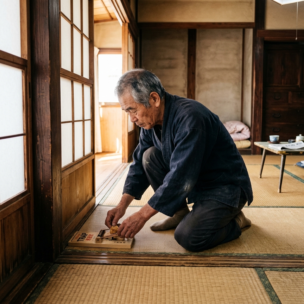和室でネズミ捕りの粘着シートを設置する日本人の様子
