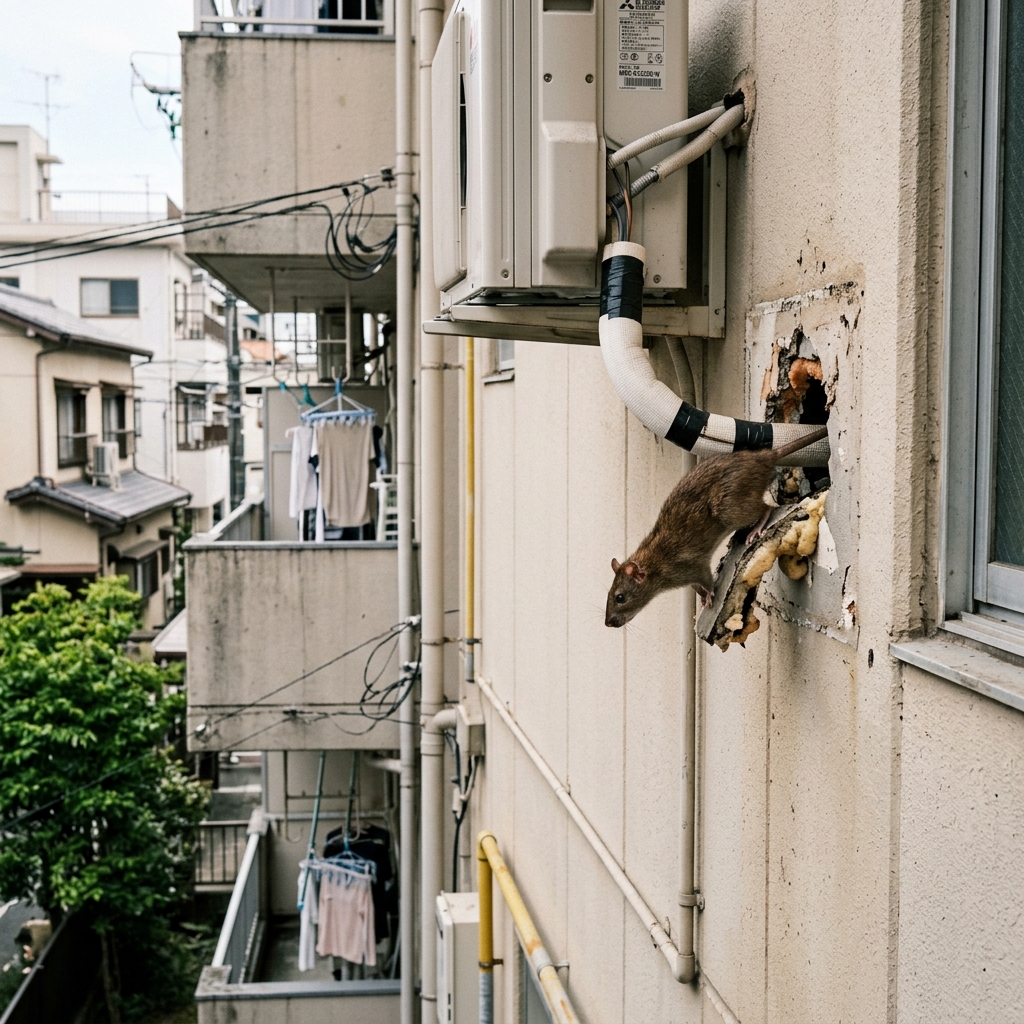 マンションのエアコン配管の隙間から侵入するネズミ