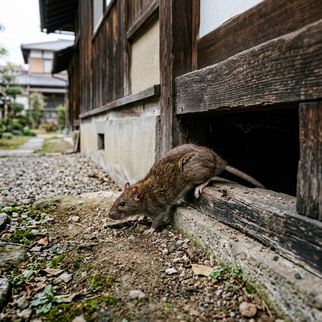 ネズミが木造住宅の床下の隙間から侵入する様子