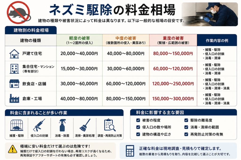 ネズミ駆除の料金相場を解説するイメージ画像。住宅や店舗ごとの費用目安、被害レベル別料金、侵入口封鎖や清掃作業などをまとめた料金比較ビジュアル。