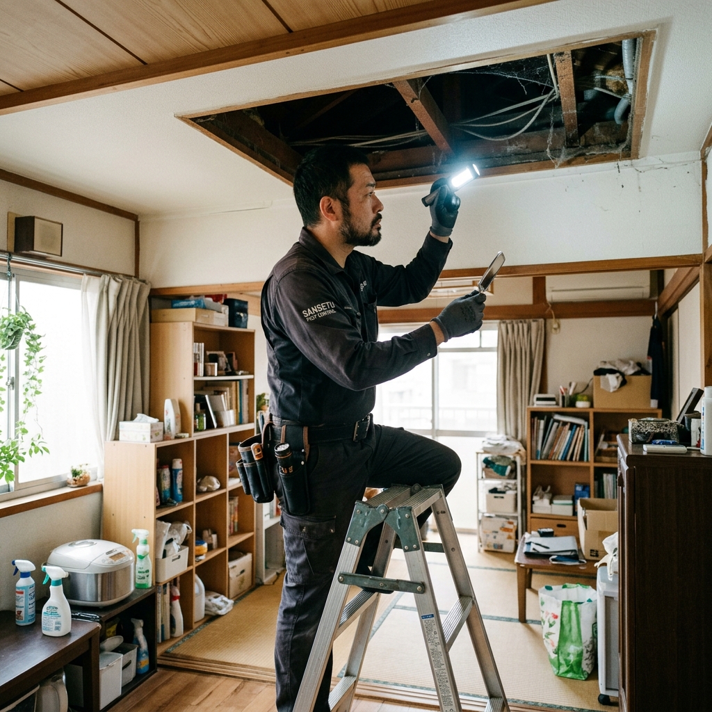 マンションのネズミ駆除業者が天井裏を調査する様子