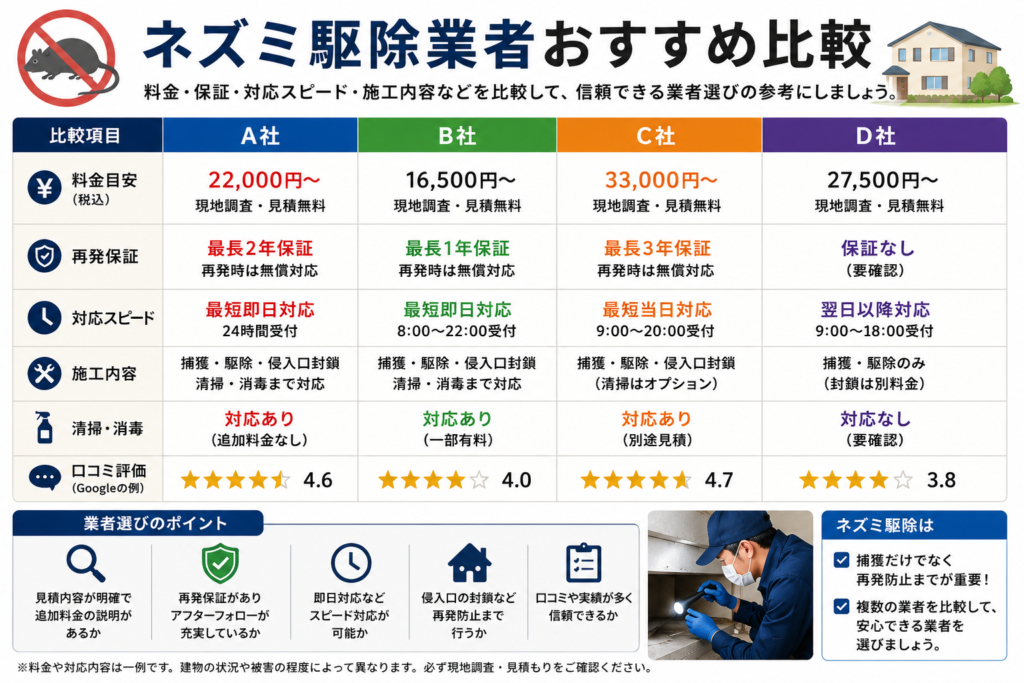 ネズミ駆除業者の比較ポイントを解説するイメージ画像。作業員による点検や見積もり比較、再発防止施工などを表現した汎用的なビジュアル。