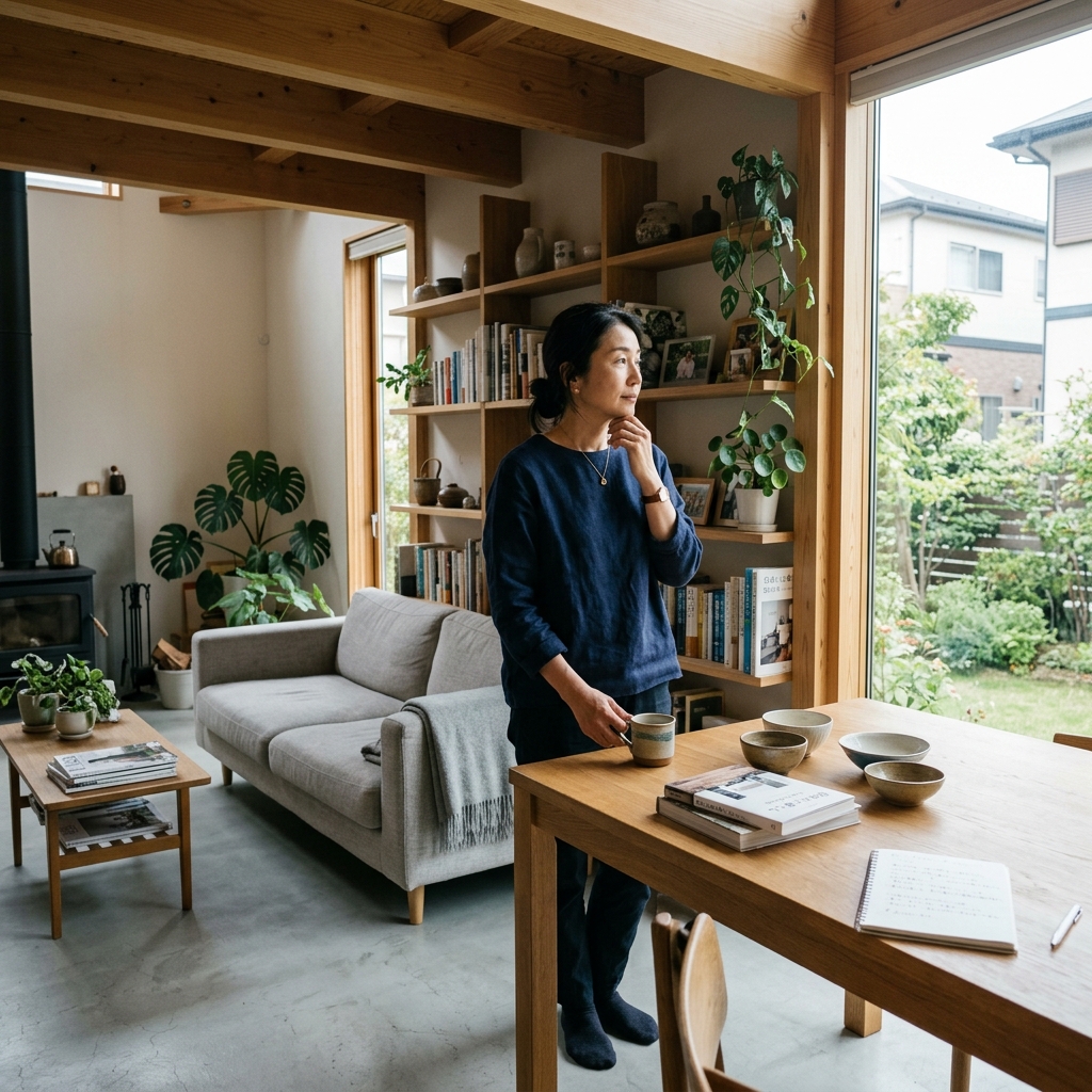 リビングでネズミ対策について悩む日本人の様子