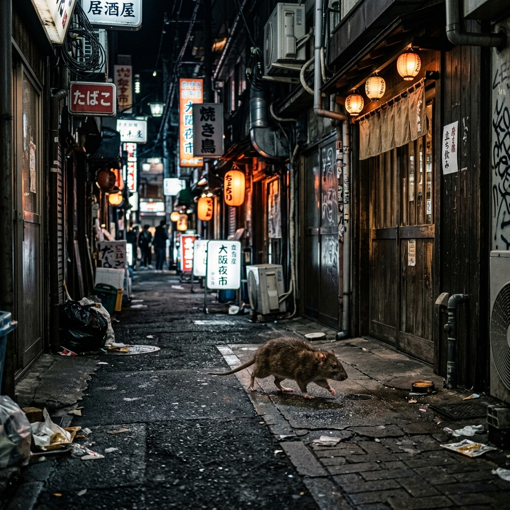 大阪市内の繁華街の路地で活動するネズミのイメージ