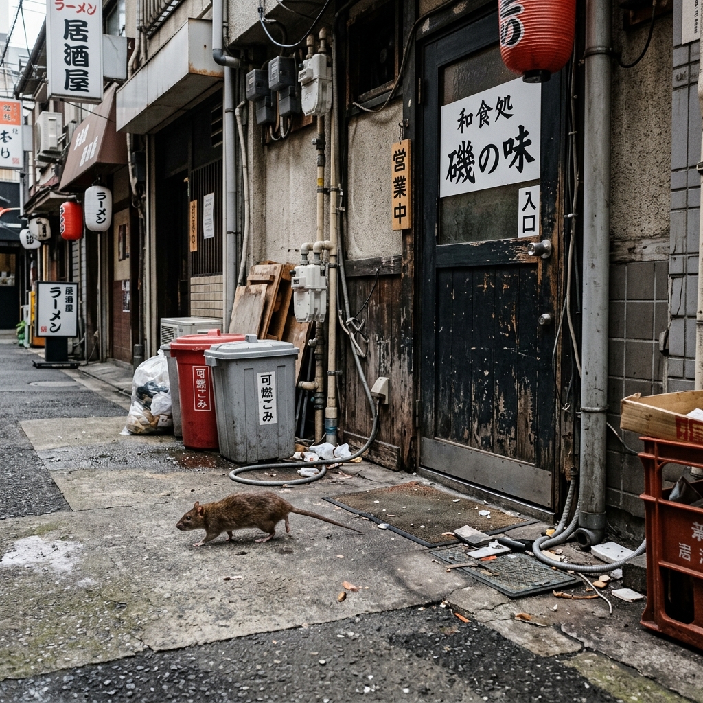 大阪の飲食店の裏口付近でネズミが餌を探す様子