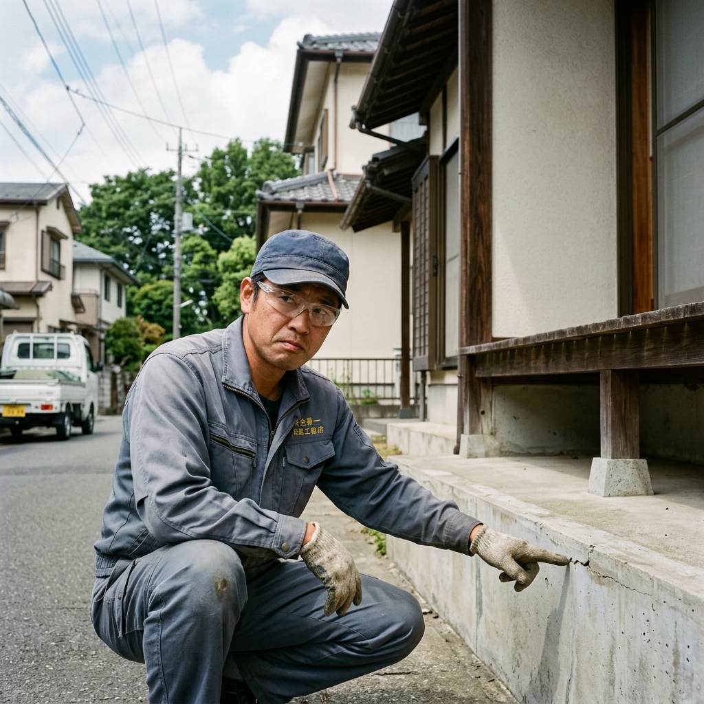 怪しい作業員が住宅の基礎部分を指さしている様子