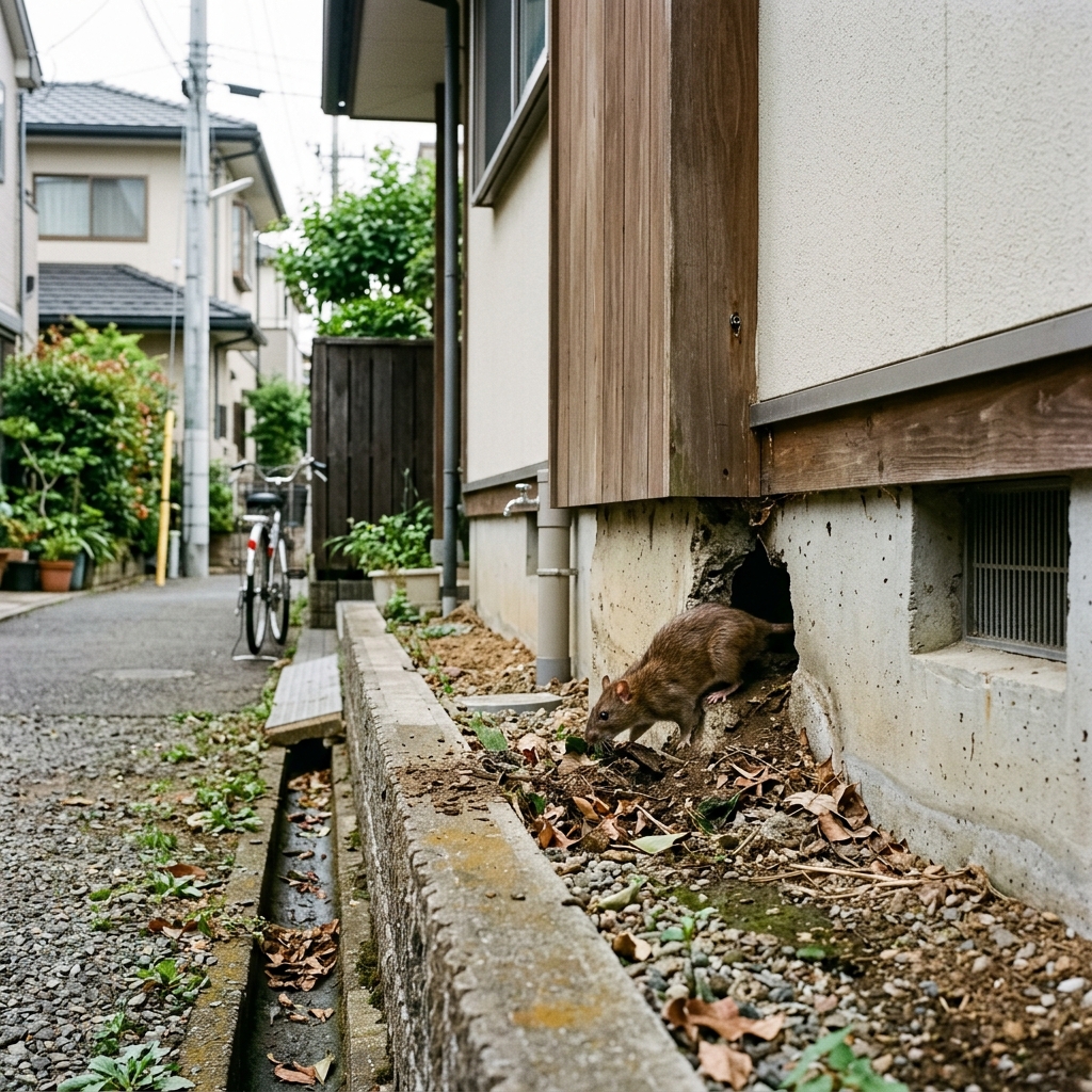 狭い隙間から侵入するネズミ