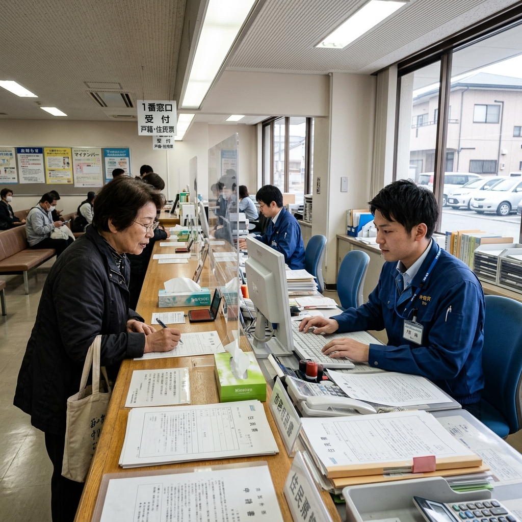 日本の市役所の窓口で手続きの案内を受ける様子