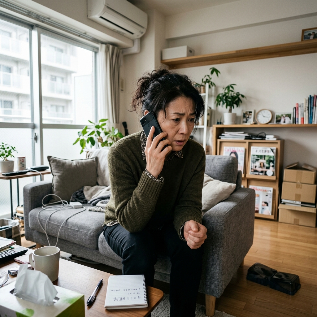 ネズミ被害をマンションの管理会社へ電話連絡する様子
