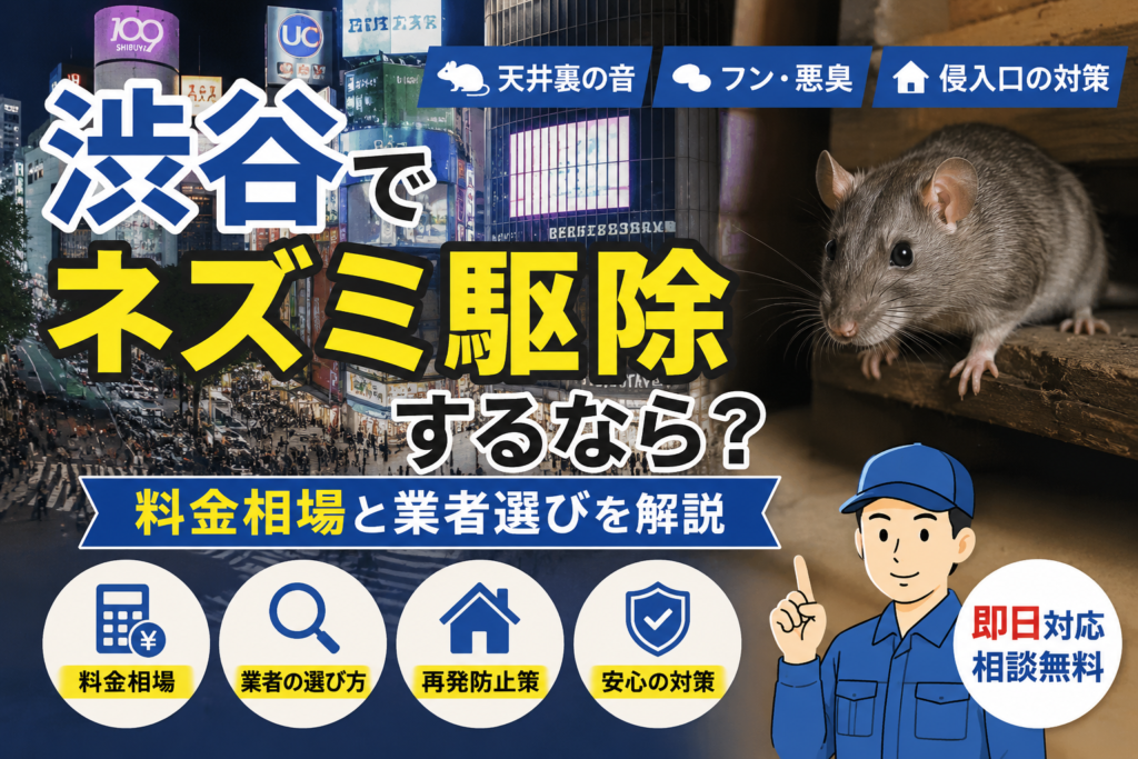渋谷のネズミ駆除業者比較をテーマにしたアイキャッチ画像。渋谷の繁華街とネズミ、駆除作業員を組み合わせ、料金相場や業者選び、再発防止対策をわかりやすく表現したビジュアル。
