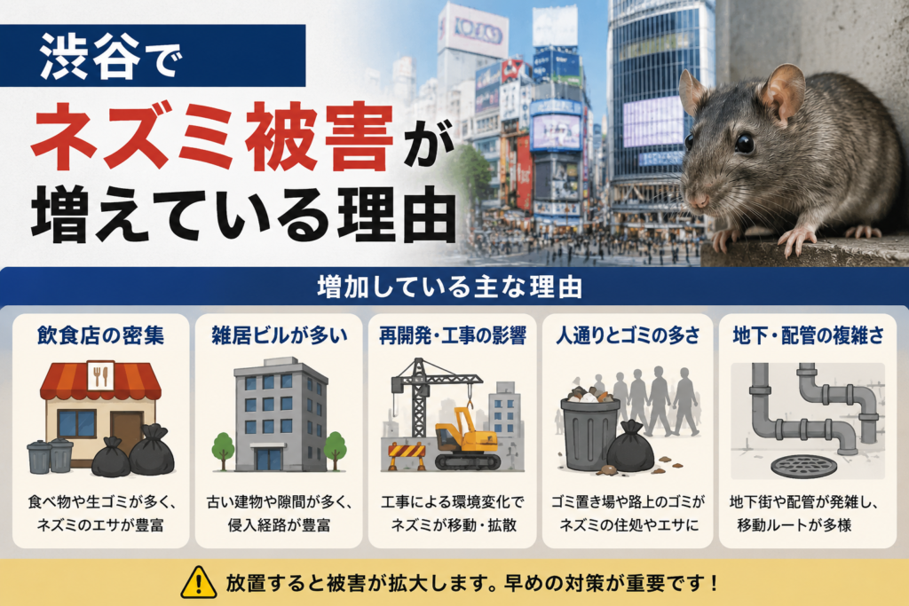 渋谷でネズミ被害が増えている理由を解説するイメージ画像。繁華街や飲食店街、雑居ビル、再開発工事、地下配管など渋谷特有のネズミ発生要因をまとめたビジュアル。