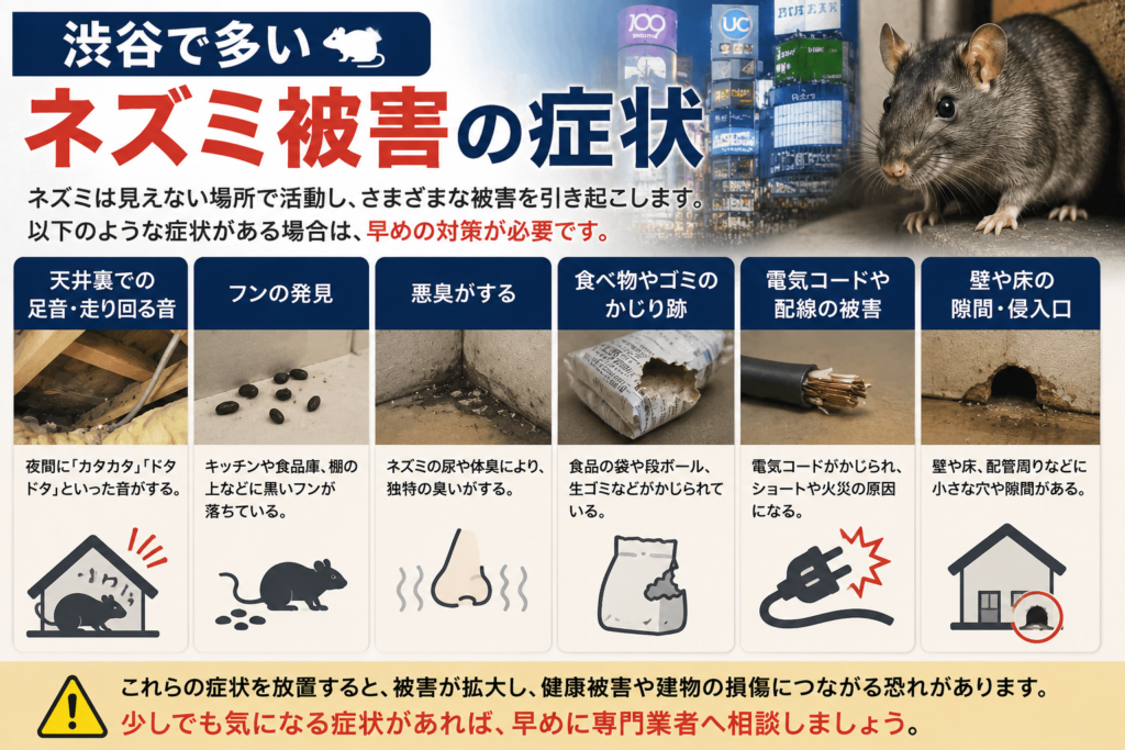 渋谷で多いネズミ被害の症状を解説するイメージ画像。天井裏の足音、フン被害、悪臭、食べ物のかじり跡、配線被害、侵入口など代表的なネズミ被害をまとめたビジュアル。