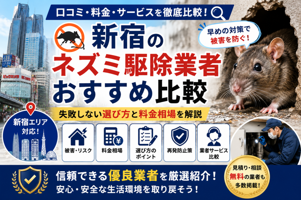 新宿のネズミ駆除業者比較をテーマにしたアイキャッチ画像。新宿の街並みとネズミ、駆除作業員を組み合わせ、料金相場や業者選び、再発防止対策をわかりやすく表現したビジュアル。