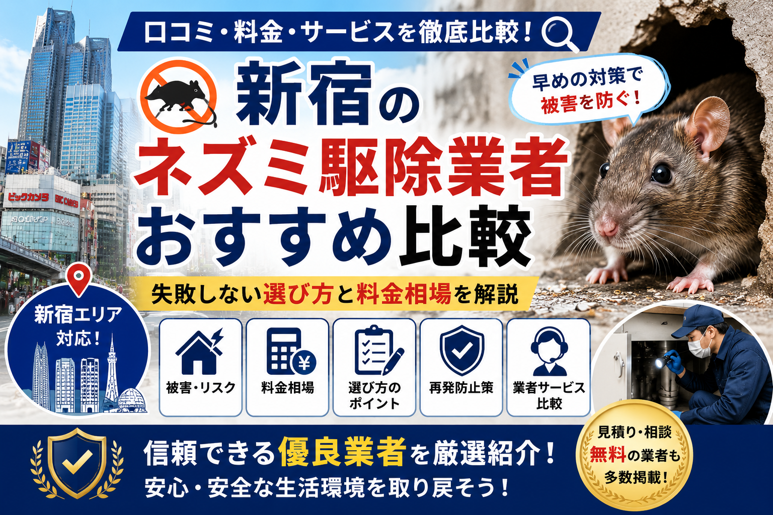 新宿のネズミ駆除業者比較をテーマにしたアイキャッチ画像。新宿の街並みとネズミ、駆除作業員を組み合わせ、料金相場や業者選び、再発防止対策をわかりやすく表現したビジュアル。