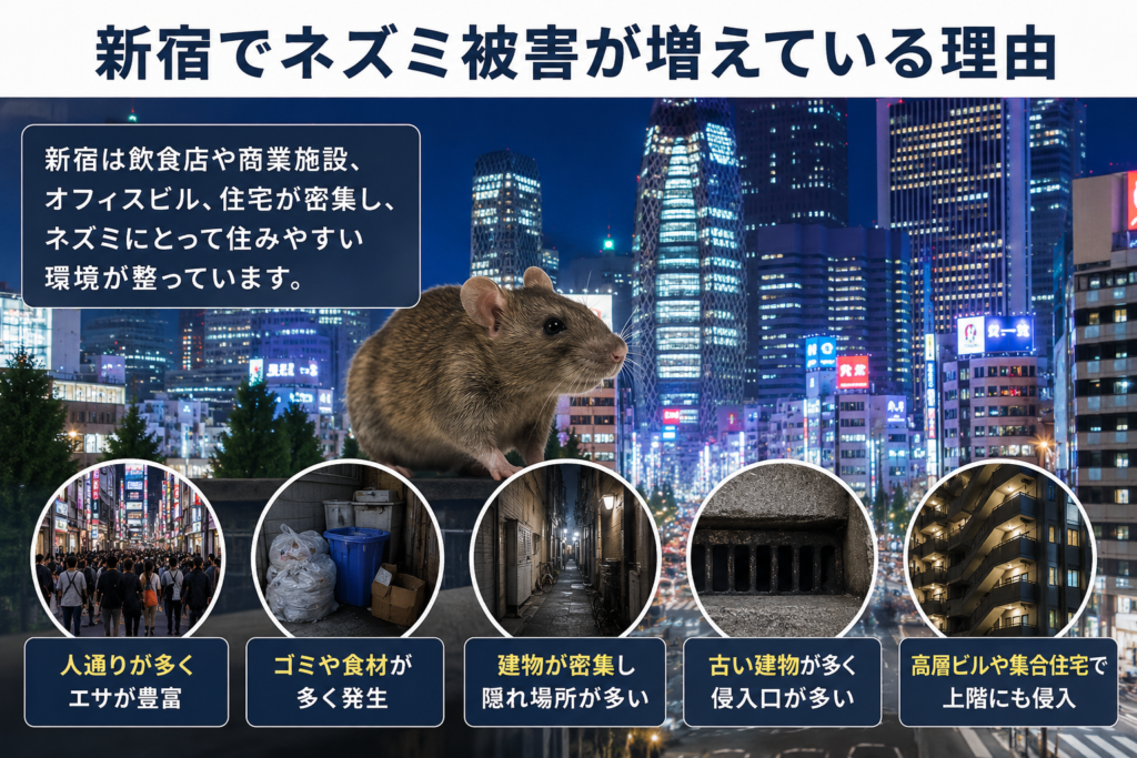 新宿でネズミ被害が増えている理由を解説するイメージ画像。繁華街や飲食店街、高層マンションなど新宿の街並みとネズミを表現したビジュアル。