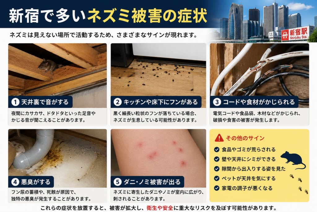 新宿で多いネズミ被害の症状を解説するイメージ画像。天井裏のネズミ、フン被害、かじられたコード、悪臭、ダニ被害など代表的な症状をまとめたビジュアル。