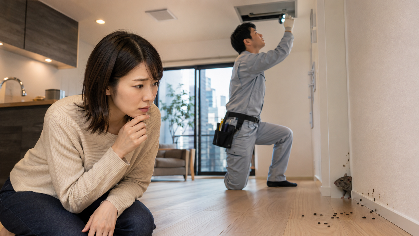 中央区のネズミ駆除で室内のフンや侵入口を確認し専門業者が点検している様子