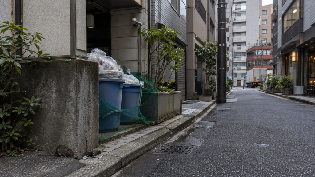 中央区の路地裏にあるごみ置き場や排水まわりでネズミ被害が起きやすい場所