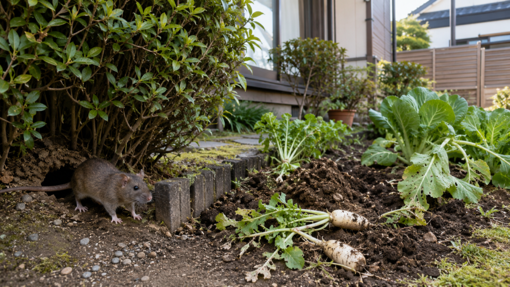庭の植え込み付近の巣穴と家庭菜園の食害からネズミ被害を確認する様子