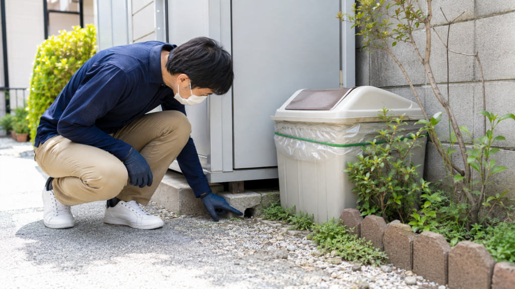日本の住宅で庭や物置まわりのネズミの穴を確認する男性