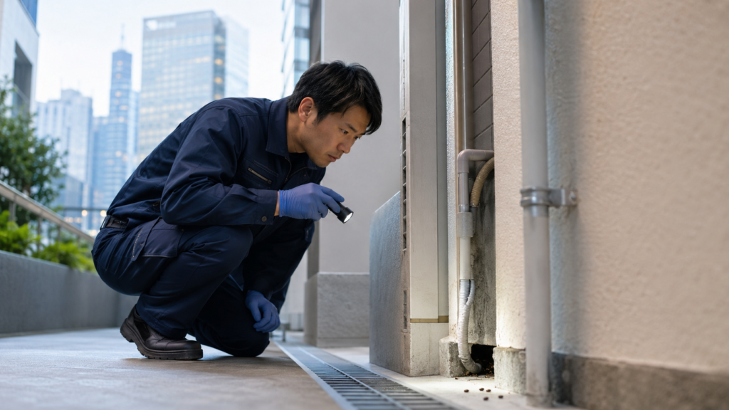 港区の建物でネズミ駆除業者が配管まわりの侵入口を点検している様子