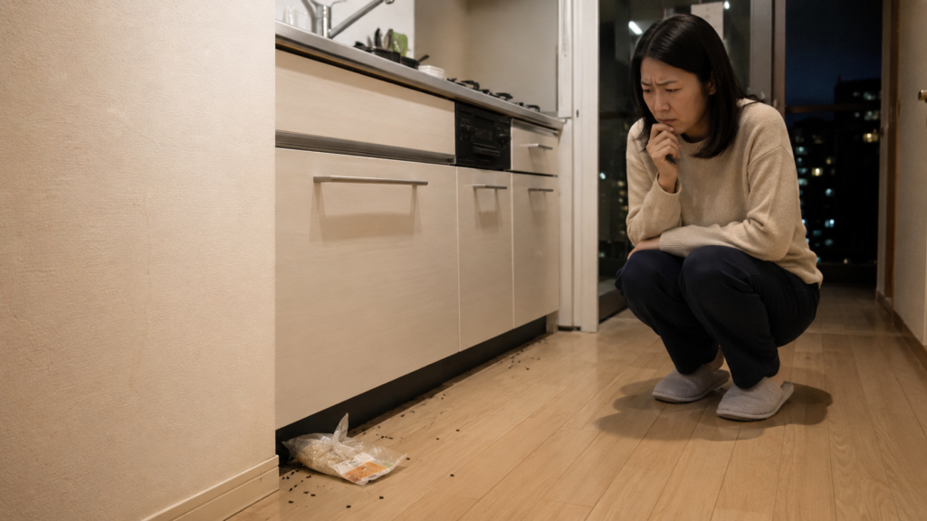 港区のマンション台所でネズミのフンと食品袋のかじり跡を確認する様子
