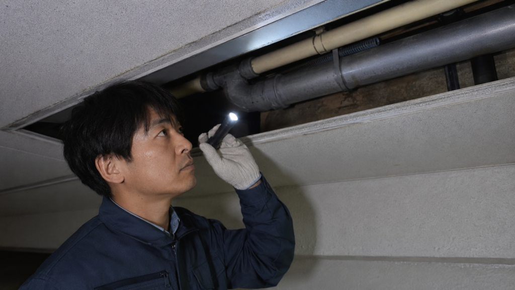 港区の建物でネズミ駆除業者が天井裏と配管まわりの侵入口を調査する様子