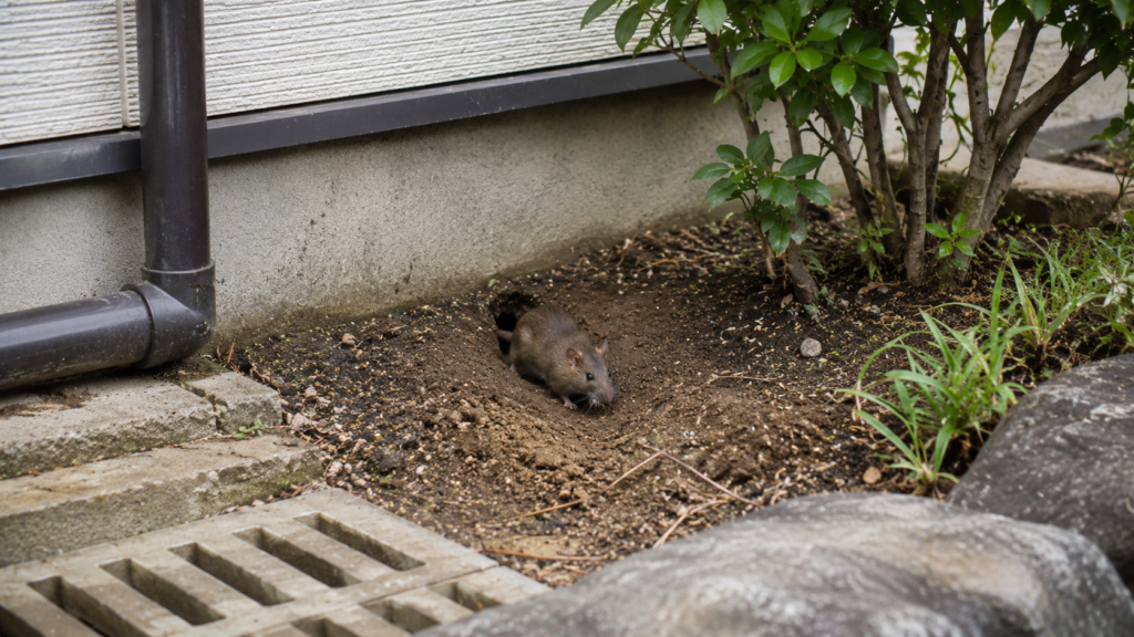 家の基礎まわりにあるネズミの巣穴と現れたネズミのイメージ