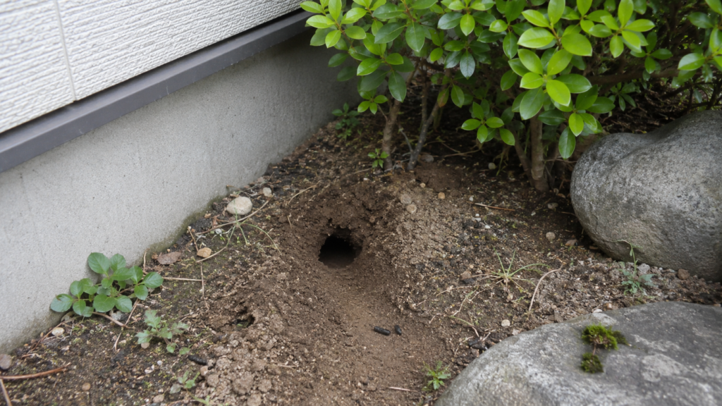 庭の建物基礎まわりにできたネズミの巣穴らしき小さな穴