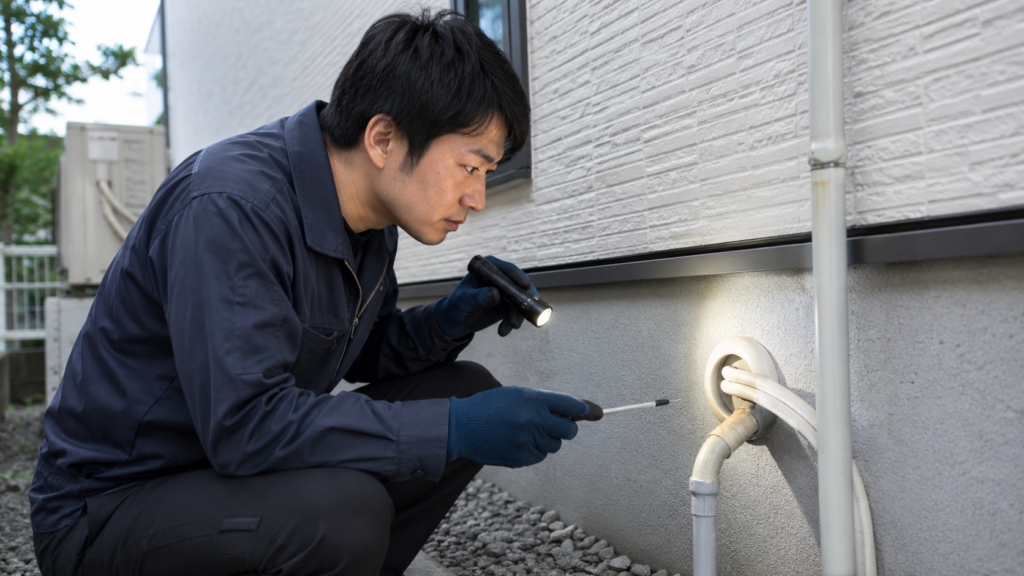 作業員が住宅外壁のエアコン配管まわりのネズミ侵入口を調査している様子