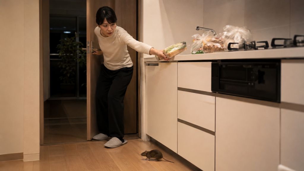 キッチンでネズミを見失った直後に食品を片付けて移動範囲を狭める初期対応