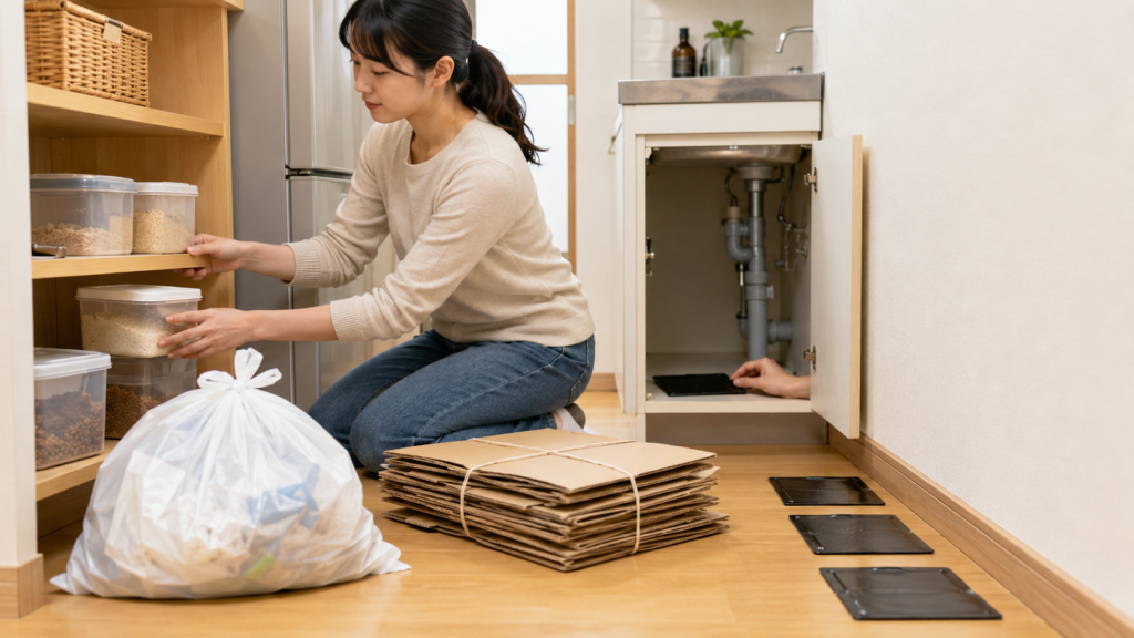食品を密閉容器に入れゴミや段ボールを整理してネズミ対策を行う様子